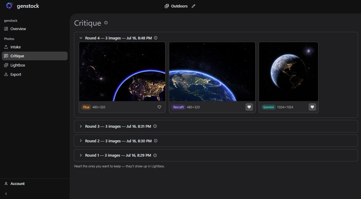 Critique screen showing the same round generated across Flux, Recraft, and Gemini